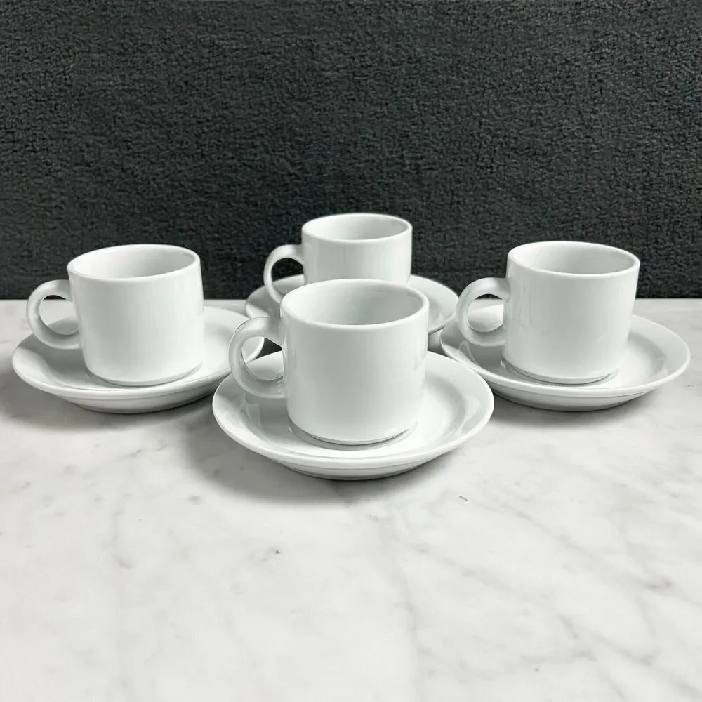 Pier 1 White Porcelain Demitasse Cups Saucers Set of 4 Espresso Coffee
